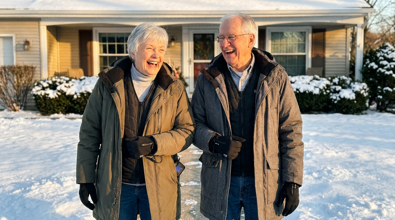 Older couple wearing thin black gloves on a winter walk