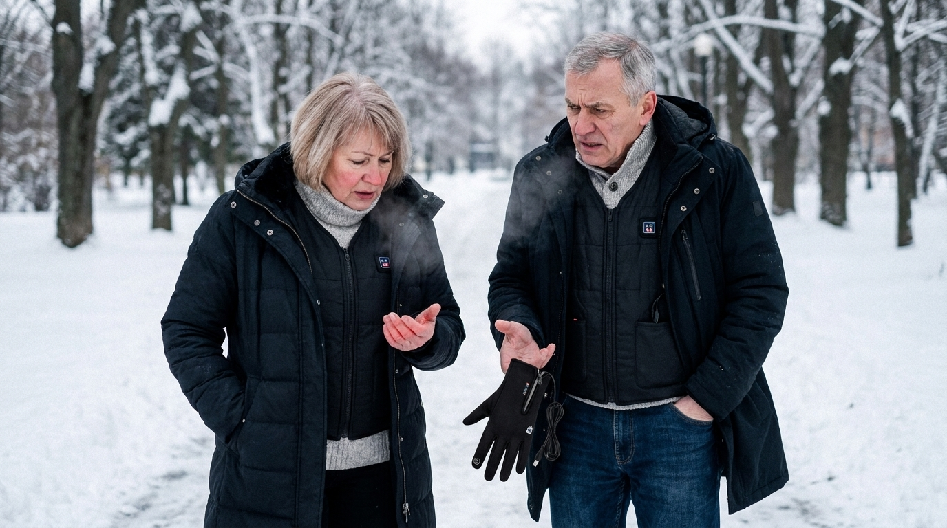 Older woman using her phone in thin heated gloves